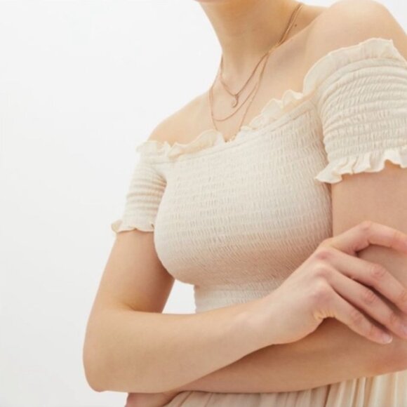 Urban Outfitters Amelia Off The Shoulder Neutral Smocked Midi Maxi Dress - Picture 3 of 15